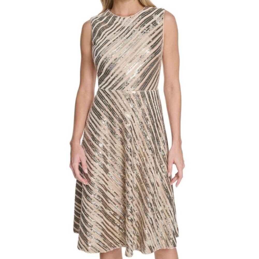 Calvin Klein Women's Sequin Sleeveless Midi Dress-Champagne/Gold, Size-14